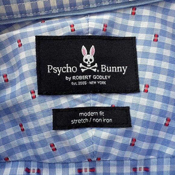 Psycho Bunny Modern Fit Stretch Non Iron Checker Blue White Red Shirt 16 34/35 - Picture 4 of 6
